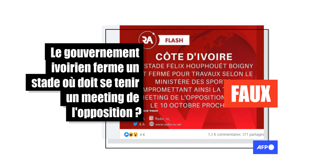 Non, le gouvernement ivoirien n’a pas fermé pour travaux le stade d’Abidjan avant un meeting de l’opposition