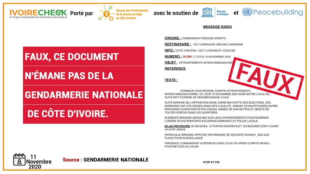 Faux, ce document n’émane pas de la gendarmerie nationale de Côte d’Ivoire