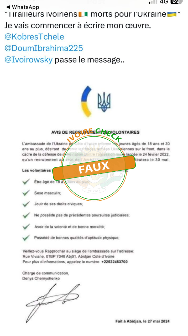 FAUX, ce communiqué prétendant un recrutement volontaire pour combattre la Russie n’émane pas de l’ambassade de l’Ukraine en Côte d’Ivoire