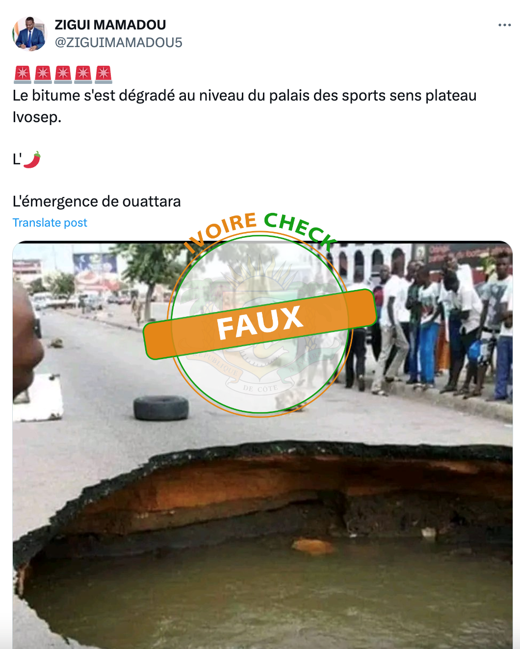 FAUX : Cette image ne montre pas un bitume dégradé à Abidjan en 2024 