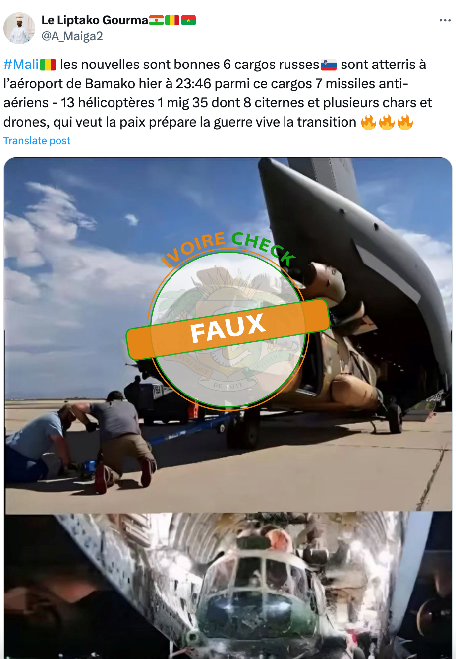 FAUX : Ces images ne montrent pas une acquisition d’armement de l’armée malienne à l’aéroport de Bamako