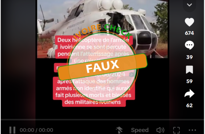 FAUX, cette vidéo ne montre pas un crash de deux hélicoptères de l’armée ivoirienne en 2024 